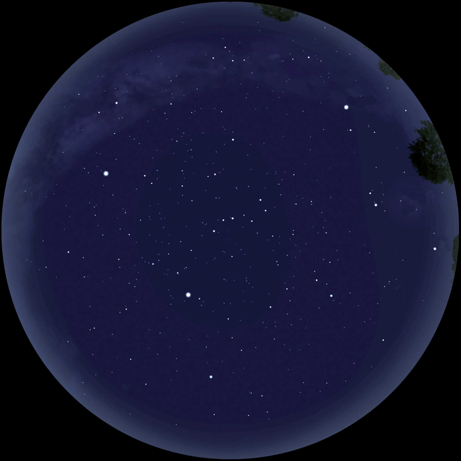 Cerul nopții de primăvară ca panoramă 360°. Fără o navigare corectă, orientarea este dificilă. Stellarium