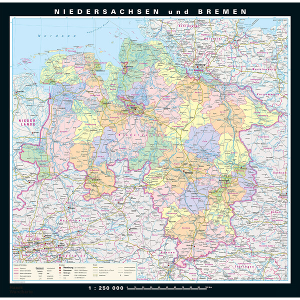 PONS Harta regionala Niedersachsen und Bremen physisch/politisch (148 x 150 cm)