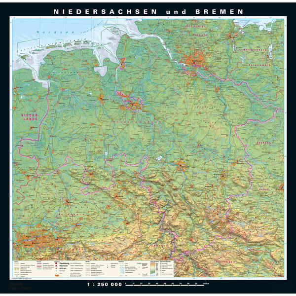 PONS Harta regionala Niedersachsen und Bremen physisch/politisch (148 x 150 cm)