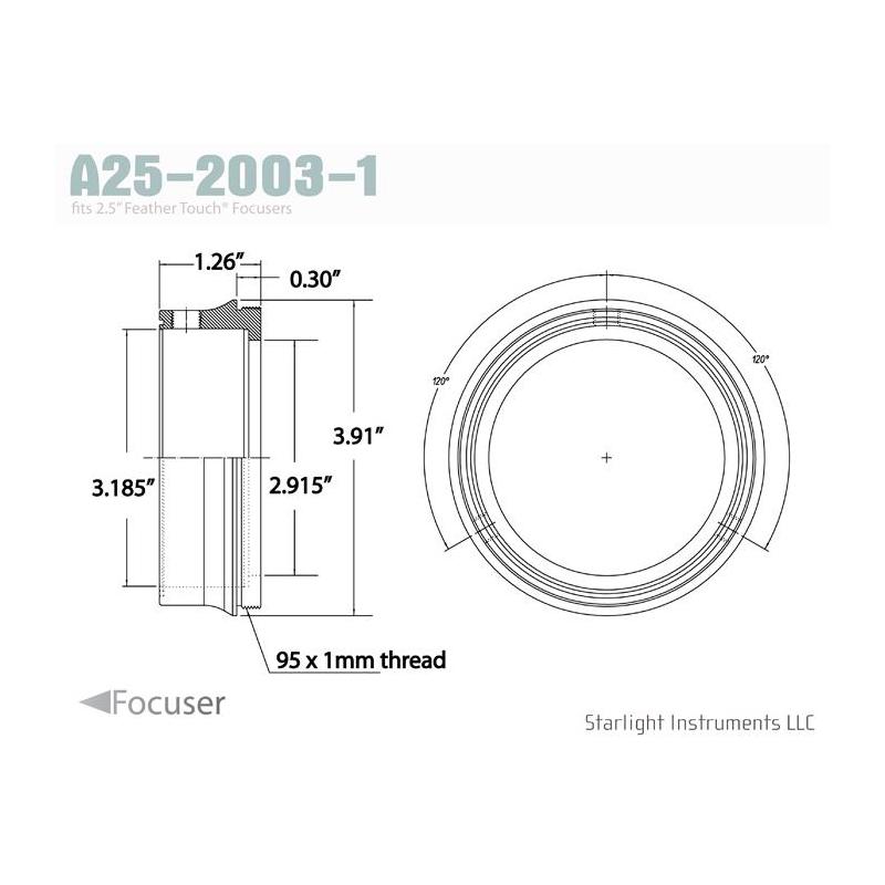 Starlight Instruments Adapter Adaptor 2.5" - filet tată 95x1mm , 0.9" L (Aceasta este seria noastră FTF25 de inele cuplate cu teflon)