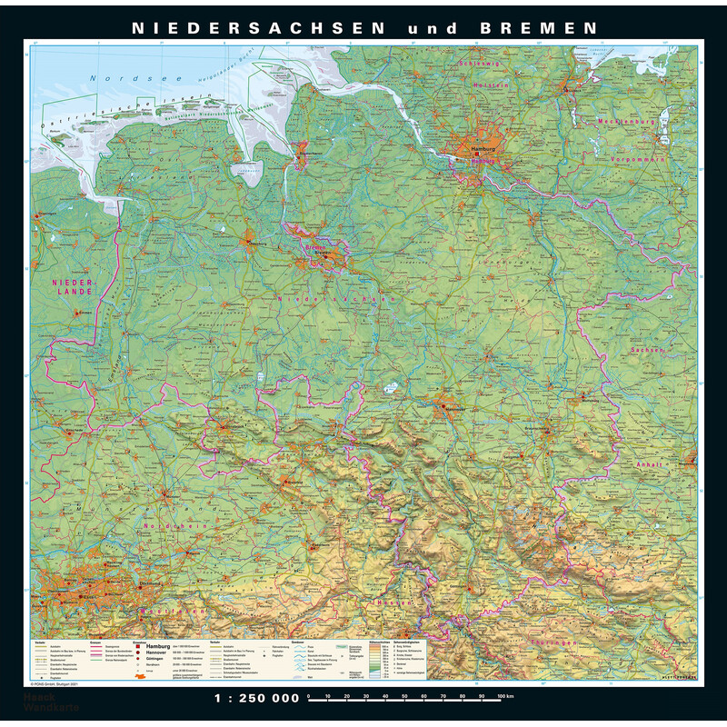 PONS Harta regionala Niedersachsen und Bremen physisch/politisch (148 x 150 cm)